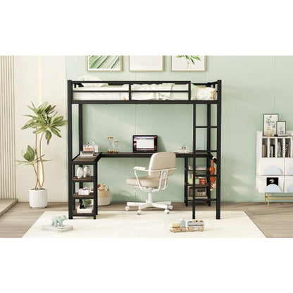 US Local Full Metal Loft Bed With Desk And Shelves, Loft Bed With Ladder And Guardrails, Loft Bed Frame For Bedroom