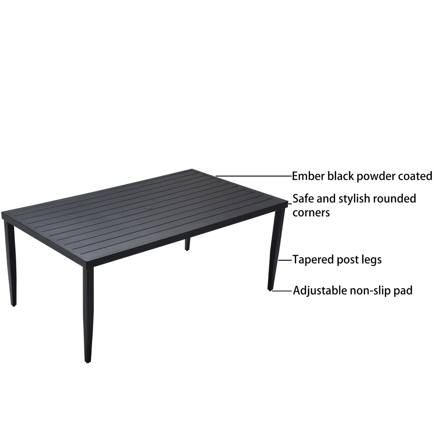 US Local Outdoor Patio Aluminum 40x70 Rectangle Dining Table With Tapered Feet Umbrella Hole, Ember Black