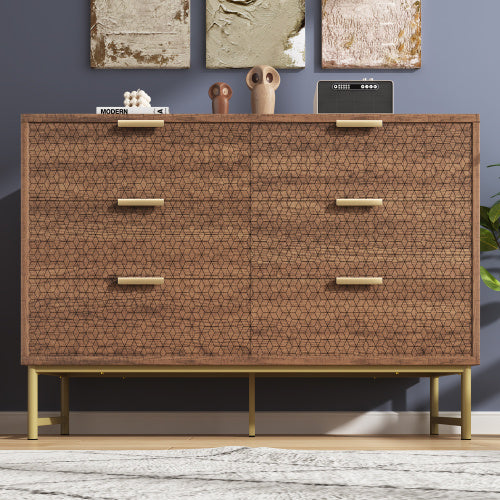 UK Local Embossed Design Sideboard Cabinet Dresser With 6 Drawers, Anti-tip, Sideboard For Living Room, Hallway, Bedroom, And Children's Room, 120 X 40 X 75 Cm, Walnut
