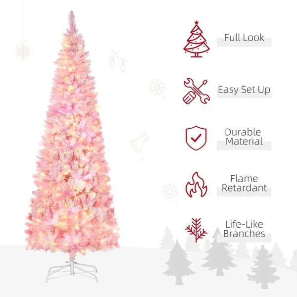 CA Local 7.5 ft Prelit Snow Flocked Artificial Christmas Tree With Pencil Shape, 700 Pine Realistic Branches, Warm White LED Lights, Auto Open, Pink And White
