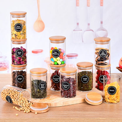 US Local 12 Pcs Round Spice Jars With Bamboo Lids And Stickers, Glass Storage Jars, Candy Jars, Coffee Jars, Salt Jars, Pepper Jars, Tea Jars