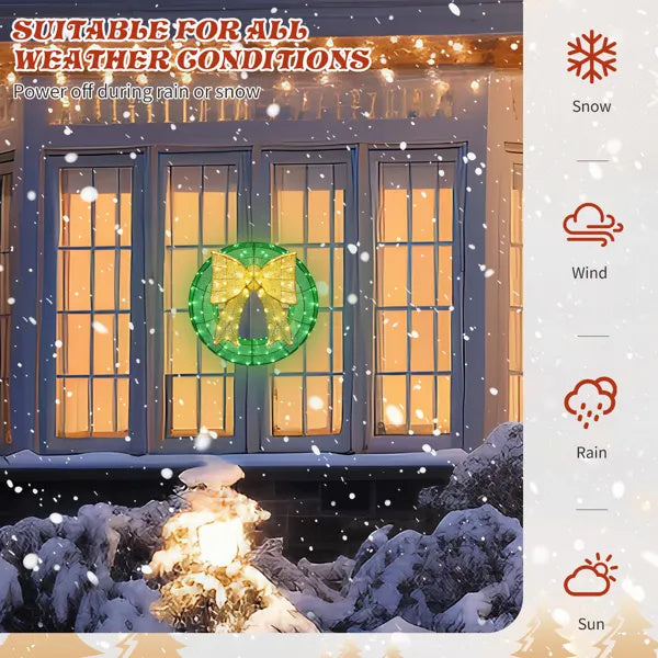 US Local 24in Pre-lit Outdoor Christmas Wreath Decoration, Lighted Metal Wreath With Golden Bow, Green And Warm White LED Lights, For Front Door Gate Wall Indoor Outdoor Holiday Party