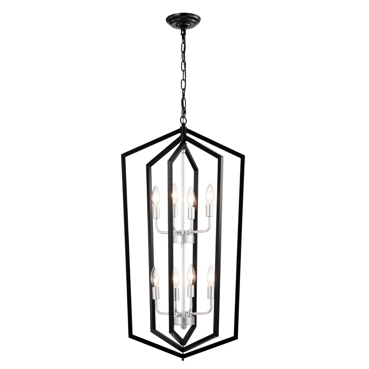 US Local 8-Light Farmhouse Kitchen Chandeliers, Matte Black And Sliver Vintage Rustic Cage Light Fixture Adjustable Height Chandeliers For Dining Room Hallway Foyer Entryway E12 Bulbs Not Included