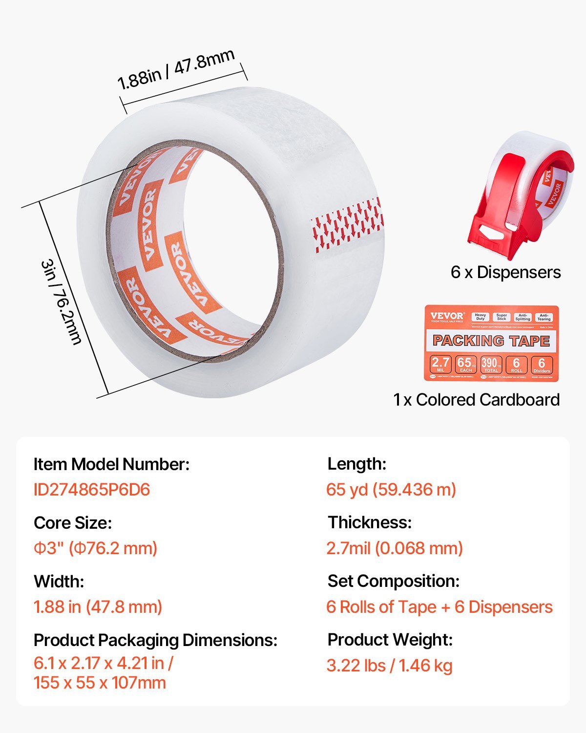 US Local Clear Packing Tape 6 Rolls 65 Yards Clear Shipping Tape With Dispenser 2.7 Mil