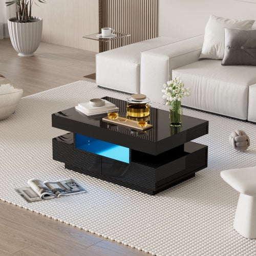 UK Local Coffee Table, High-Gloss Surface, With LED Light Strip, Four Drawers Front And Back, Large Storage Space