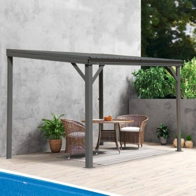 US Local 8x10 Lean To Gazebo With Upgraded Drainage System, Wall Mounted Gazebo Hardtop Galvanized Steel Sloping Roof For Patio Deck Lawn Party Gray