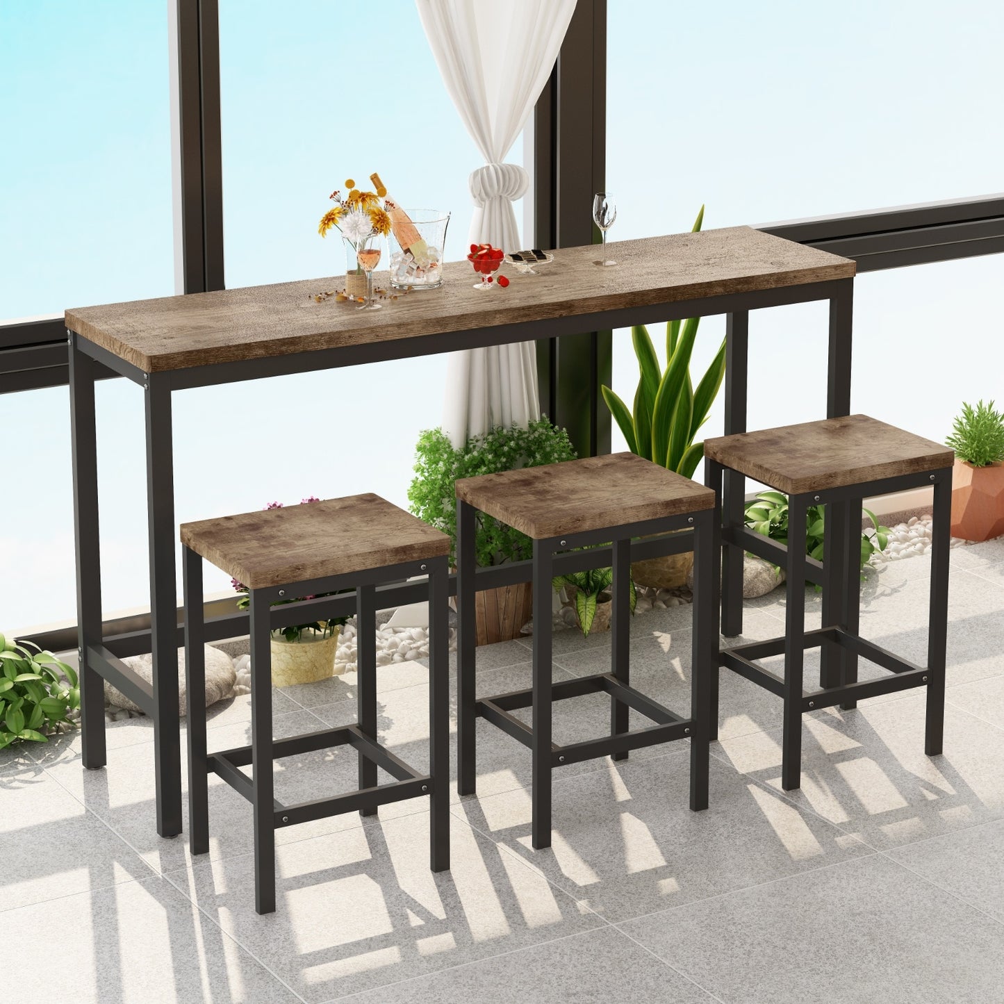 US Local Modern Kitchen Dining Pub Table Set With 3 Stools, Easy Assembly