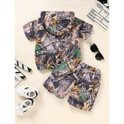 US Local Toddler Baby Boy Outfits Little Boys Short Sleeve Camouflage Print Hoodie Sweatshirt Shirts & Short Pants With Pocket