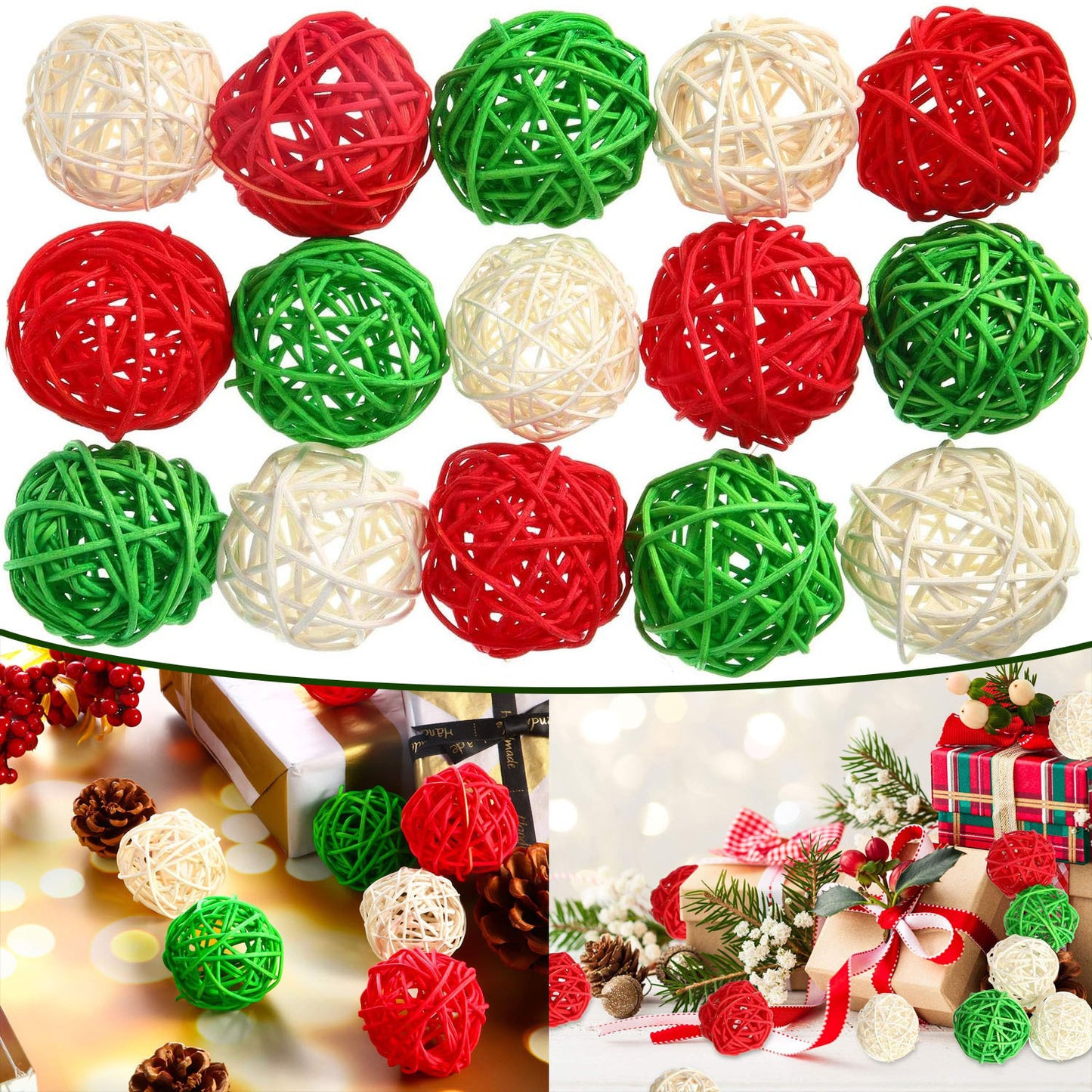 US Local 30 Pieces Wicker Rattan Balls Decorative Orbs For Bowl Centerpieces Christmas Vase Filler For Holiday Xmas Home Table Decor DIY Craft Aromatherapy Accessories, 1.2 Inch Red White Green