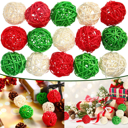 US Local 30 Pieces Wicker Rattan Balls Decorative Orbs For Bowl Centerpieces Christmas Vase Filler For Holiday Xmas Home Table Decor DIY Craft Aromatherapy Accessories, 1.2 Inch Red White Green