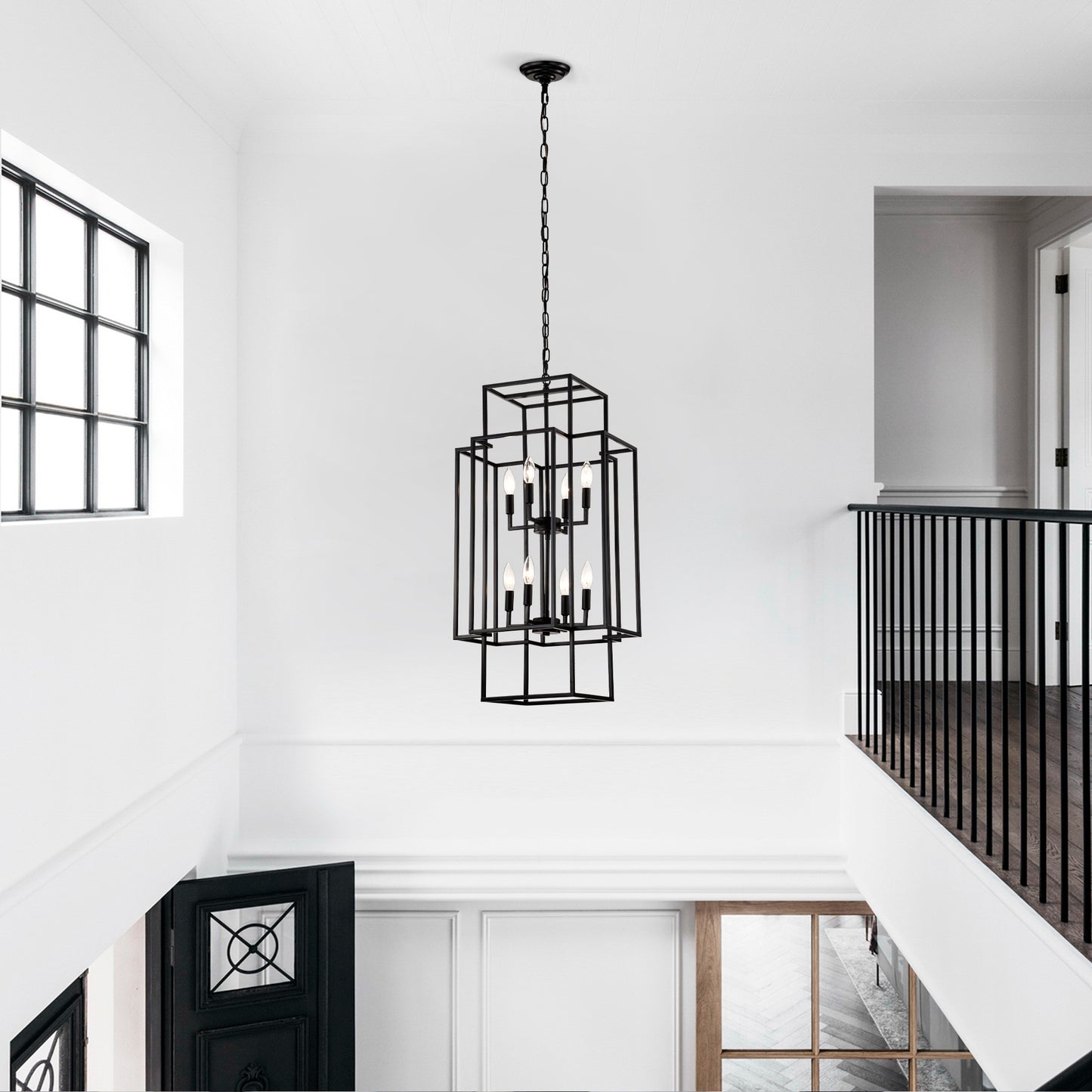 US Local 8-Light Metal Lantern Tiered Pendant Hanging Light Fixtures, Industrial Farmhouse Adjustable Height Chandeliers For Dining Room Hallway Foyer Entryway--Matte Black E12 Bulbs Not Included