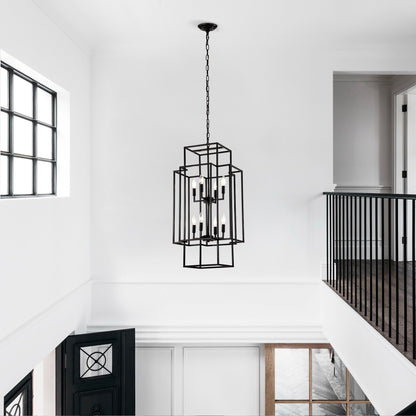US Local 8-Light Metal Lantern Tiered Pendant Hanging Light Fixtures, Industrial Farmhouse Adjustable Height Chandeliers For Dining Room Hallway Foyer Entryway--Matte Black E12 Bulbs Not Included