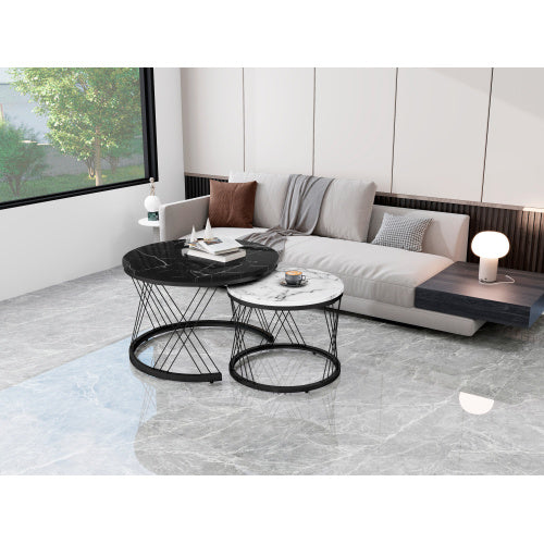 UK Local Round Coffee Table, Modern Coffee Table Set Of 2 Marble Pattern Top With Metal Frame, Small Side Table, End Table For Living Room, Bedroom, Home Office, Farmhouse, White And Black