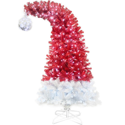 US Local 6FT Hinged Fir Artificial Fir Bent Top Christmas Tree, Xmas Tree Bendable Santa Hat Style Christmas Tree Holiday Decoration,1250 Branch Tips, 300 LED Lights X-mas