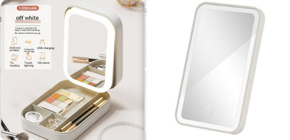 Makeup Storage Box With LED Light Mirror Portable Travel Makeup Cosmetics Storage Box Touch Light Storage Organizer