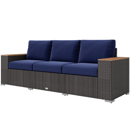 US Local 3-Seat Outdoor Patio Sofa With Cushions, PE Rattan Wicker Sofa With Wide Armrests, Outdoor Wicker Couch, Navy Blue