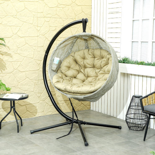 UK Local Outsunny Hanging Egg Chair Outdoor Indoor Garden Swing Chair With Folding Basket, Garden Hanging Chair With Stand, Thickened Cushion, Cup Holder For Patio, Balcony