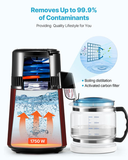 US Local 4L Water Distiller Home Countertop Purifier Machine 1750W Stainless Steel Glass