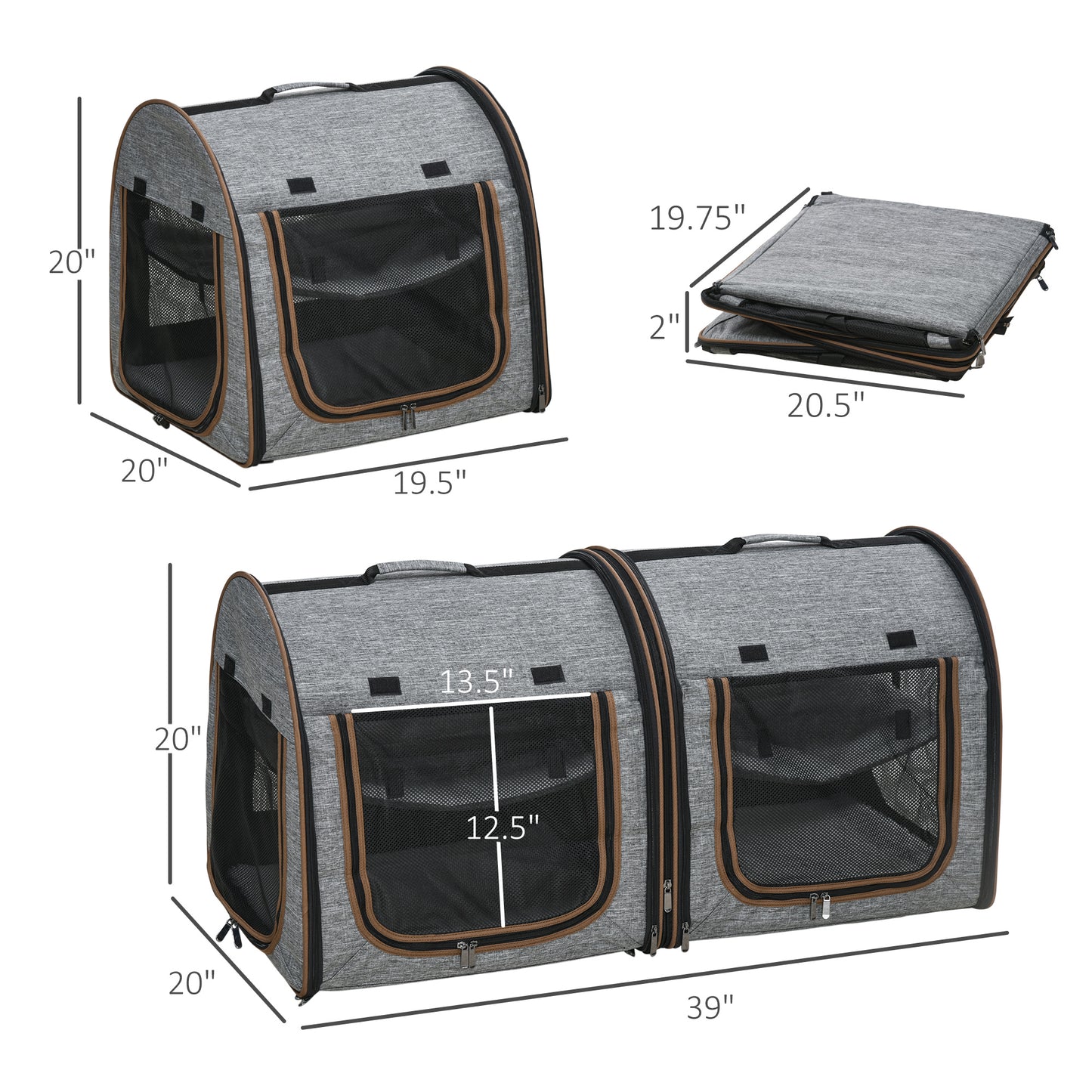 US Local Portable Soft-sided Pet Cat Carrier With Divider, Two Compartments, Padded And Storage Bag, Grey