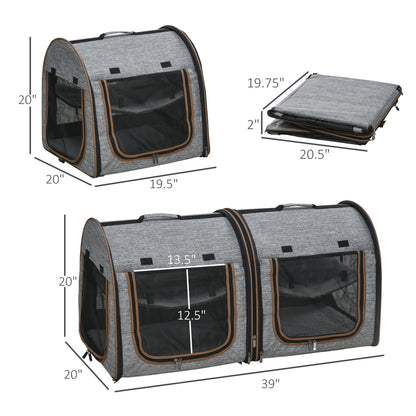 US Local Portable Soft-sided Pet Cat Carrier With Divider, Two Compartments, Padded And Storage Bag, Grey