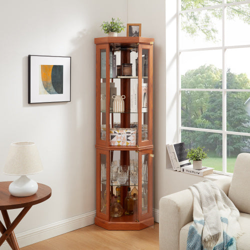 US Local Corner Glass Cabinet Lighted Curio Cabinet Corner Display Case For Living Room, Curio Cabinet, Antique Collection, Wine,Bar Glass Storage Light Included,Dark Cherry