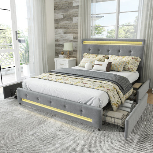 UK Local Upholstered Bed, 4ft6 Double Bed 135x190cm, Storage Bed, Soft Backrest, 4 Drawers With Pulleys, Light Strips Around The Bed, Metal Underbed Bracket, With Bed Slats, For Adults  Teenagers, Velvet,Grey