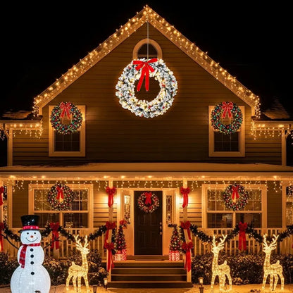 US Local 48in Pre-lit Snow Flocked Christmas Wreath, Lighted Artificial Xmas Wreath With 150 Warm White Lights And 450 PVC Tips And DIY Ornaments, For Front Door Gate Wall Xmas Party Decorations, Snowy Green