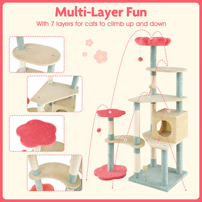 US Local 61 Inch Multi-Level Aesthetic Floral Kitten Tower With Flower-Shaped Padded Perch