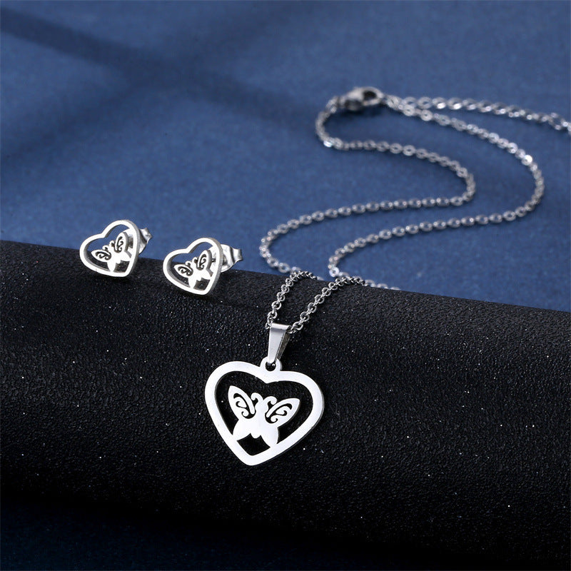 Stainless Steel Necklace Ear Stud Combination Suit