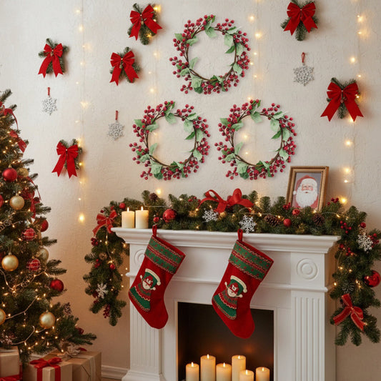 US Local 3PCS Set Christmas Door Wreath With Pine Cones & Greenery 13 Red Berry Holly Wreath For Holiday Home Decor FBA Shipment