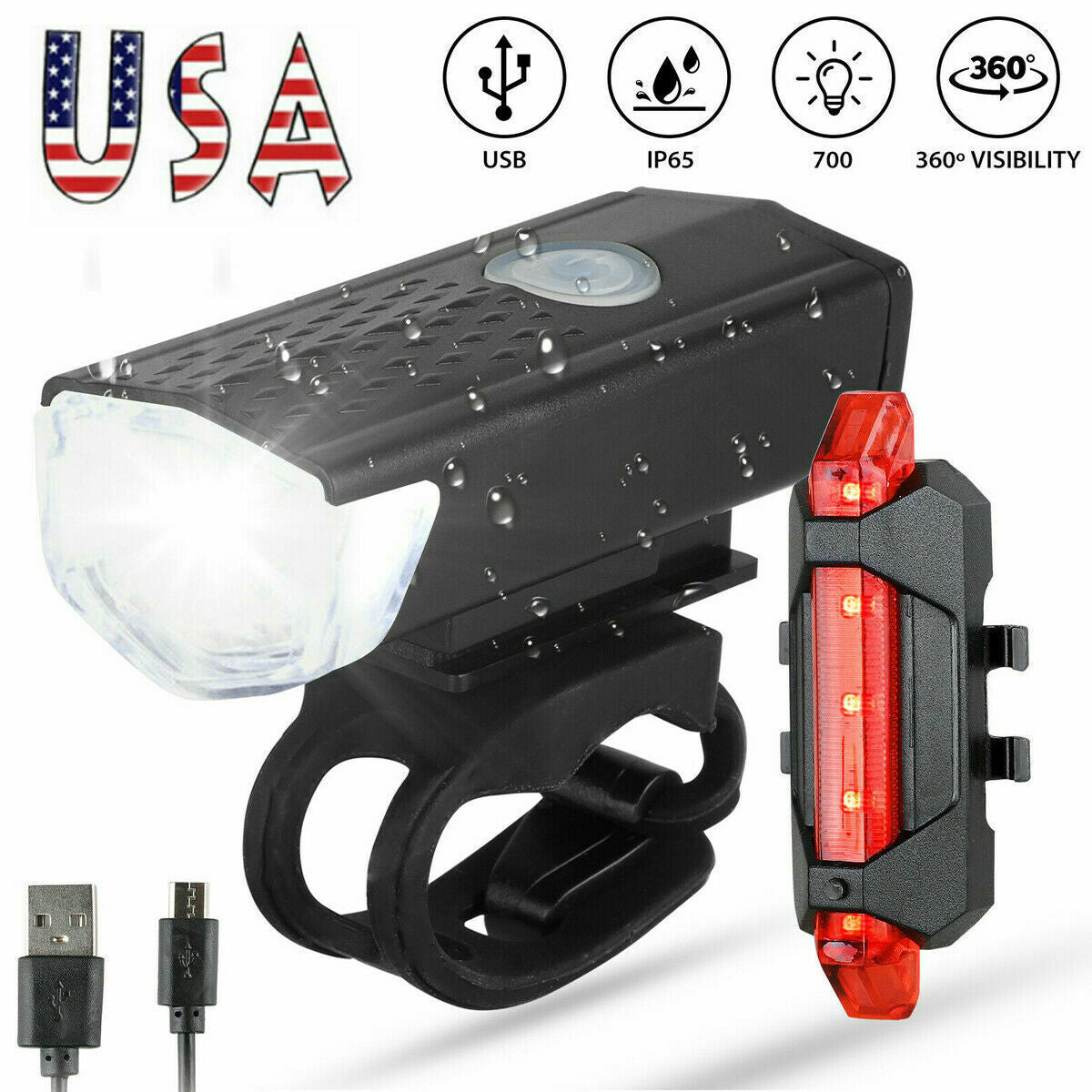 US Local USB Rechargeable LED Bicycle Headlight Bike Head Light Cycling Rear Front Lamp Bike Light Rainproof USB Rechargeable LED bicycle Light