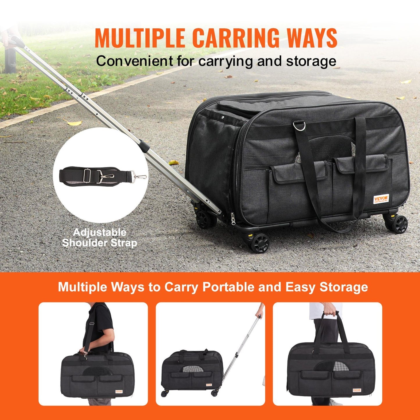 US Local Cat Carrier With Wheels, Rolling Pet Carrier With Telescopic Handle And Shoulder Strap, Dog Carrier With Wheels For Pets Under 35 Lbs, With 1 Folding Bowl, Black