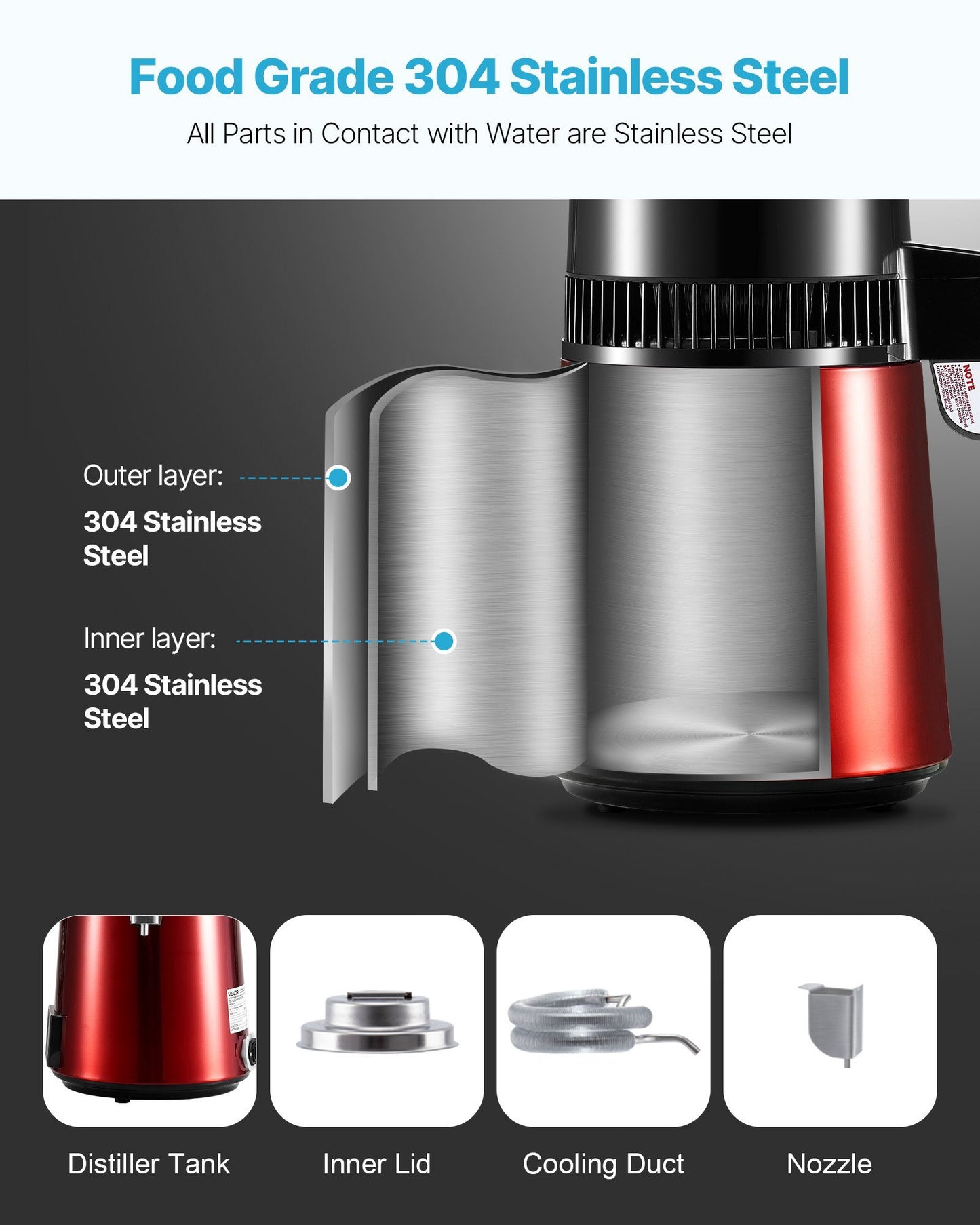 US Local 4L Water Distiller Home Countertop Purifier Machine 1750W Stainless Steel Glass