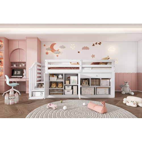 UK Local Multifunctional Wooden Children's Bed With Stairs And Storage Space, Stairs  Cabinets Interchangeable On The Left And Right, Drawers Reversible And Usable As A Desk, Without Mattress, 90x190, White