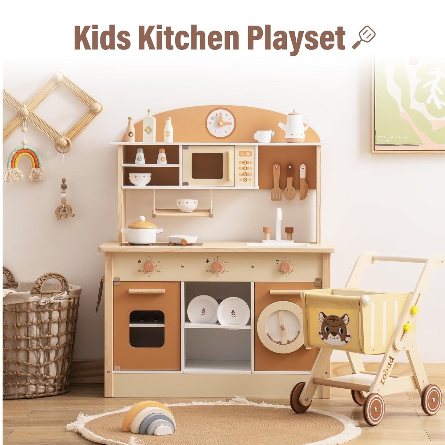US Local Robud New Large Kids Toddlers Kitchen Playset Wooden Play Toy With Accessories