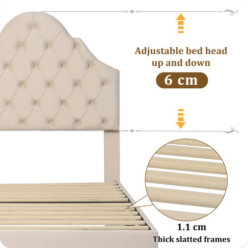 UK Local Upholstered Bed 90x190 With Slatted Frame And Headboard, Upholstered Bed With Height-adjustable Headboard, Youth Bed, Single Bed, Wooden Slat Support, Easy Assembly, Velvet, Beige