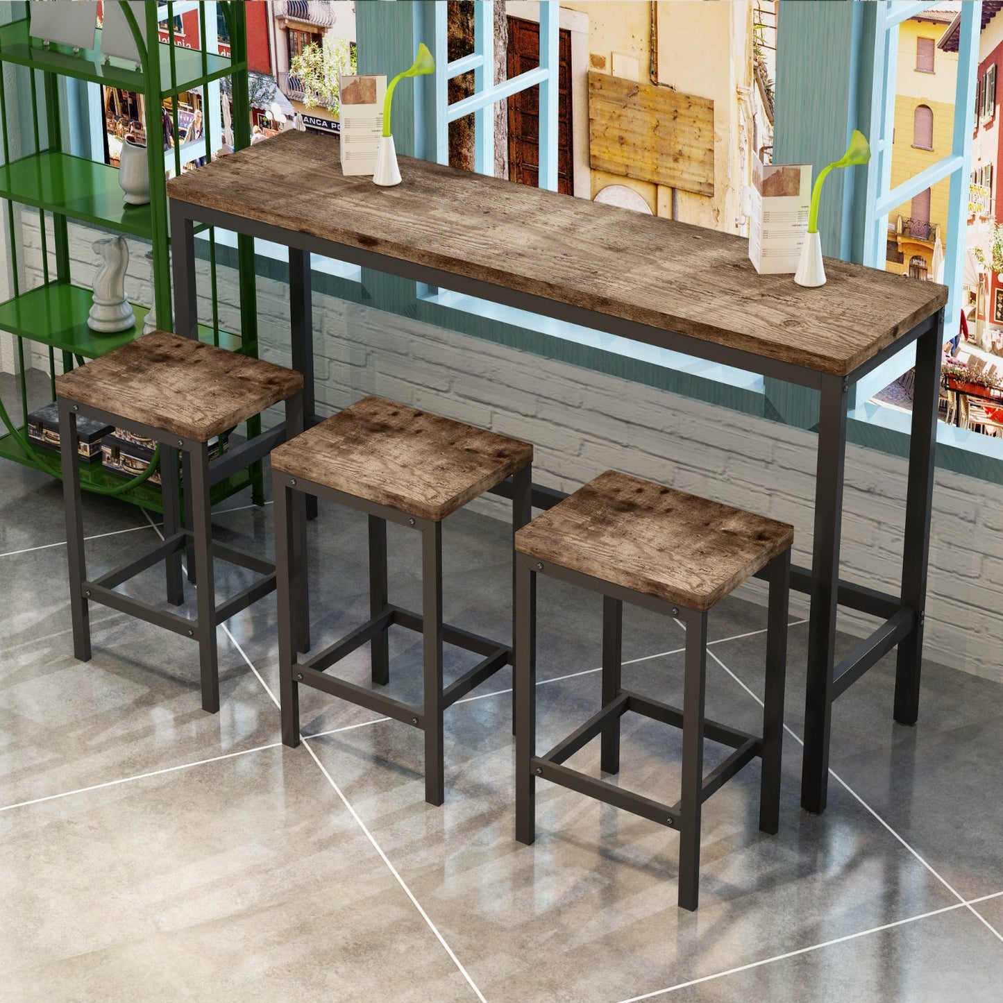 US Local Modern Kitchen Dining Pub Table Set With 3 Stools, Easy Assembly