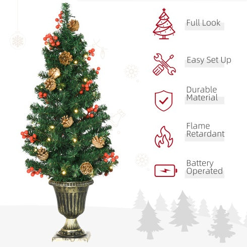 US Local HOMCOM Prelit Holiday Christmas 4-Piece Set, Garland Wreath And Set Of 2 Entrance Trees With Warm White LED Lights, Red Berries, Pine Cones, Green