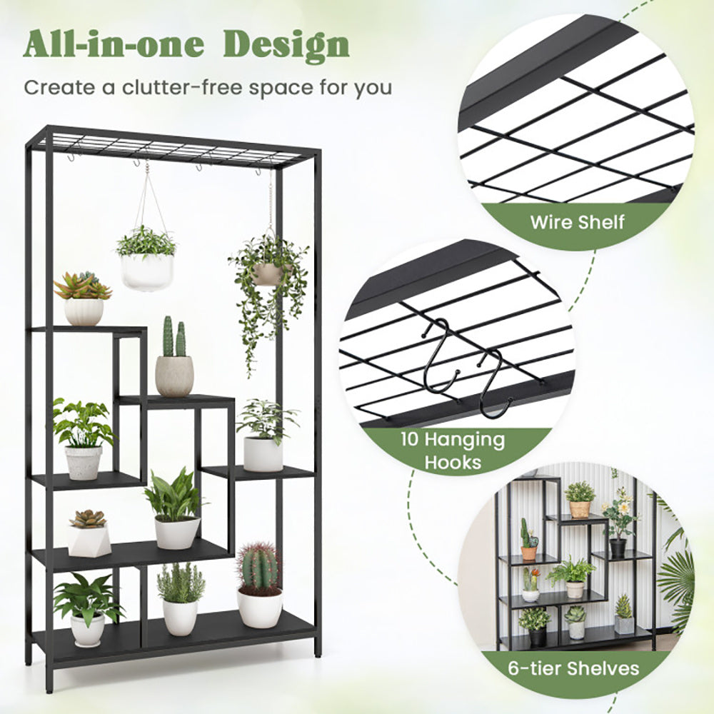 US Local 6-Tier Tall Plant Stand 71 Inch Metal Indoor Plant Shelf With 10 Hanging Hooks
