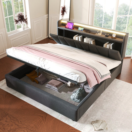 UK Local Upholstered Double Bed With USB Charging Function, Storage Headboard And LED Lighting, 5ft King Size Bed Storage Bed Frame 150 X 200 Cm, Wooden Slatted Frame, Grey No Mattress