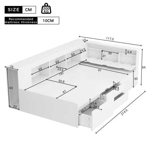 UK Local Children's Bed, Single Bed-3ft90x190cm, Single Bed, Multifunctional Children's Bed With Drawers, Bookcase And Storage Cupboard, Bed Box With Storage Space, Without Mattress, White