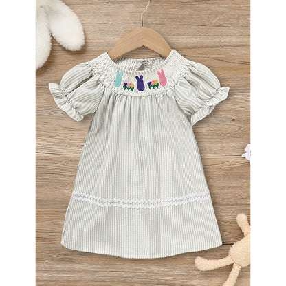 US Local Infant Baby Girls' Easter Bunny Smocked Dress Embroidered Short Sleeve Casual Summer Dress