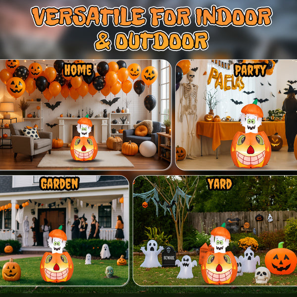 2.8 FT Halloween Inflatables Animated Pumpkin Ghost, Outdoor Decorations Blow Up Yard Decor With Built-in LEDs For Indoor Party Garden Lawn Decor