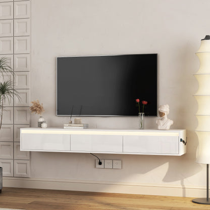 US Local Floating TV Stand, Wall Mounted TV Shelf With Led Lights & Power Outlet,High Gloss TV Cabinet For Tv Stands For Living Room