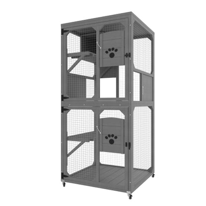 US Local Catio Outdoor Cat Enclosure Window Access, 4 Tiers Cat House With Wheels, Resting Box & Waterproof Roof, Indoor Large Cat House Cage, Gray