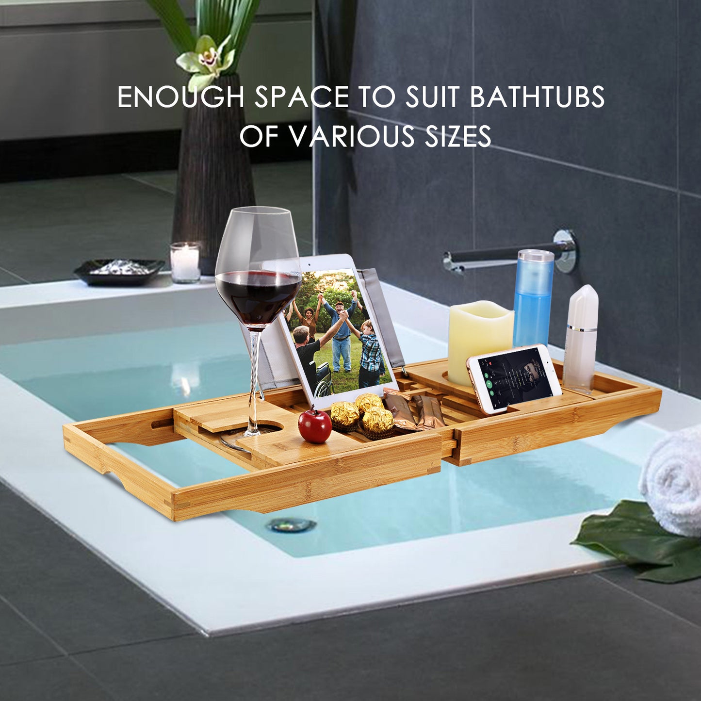 US Local 1Pc Bathtub Caddy Tray Crafted Bamboo Bath Tray Table Extendable Reading Rack Tablet Phone Holder Wine Glass Holder Shelf Desk Bathroom Spa