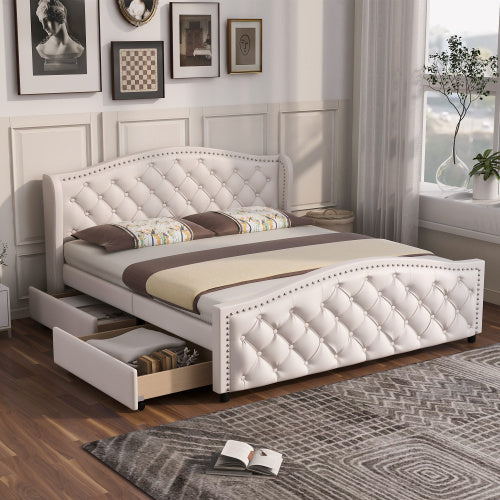 UK Local Upholstered Bed 135 X 190cm - Bed With Slatted Frame, 2 Drawers And Headboard With Pull Point Rivets - Wood & Faux Leather - White - Youth Bed Guest Bed