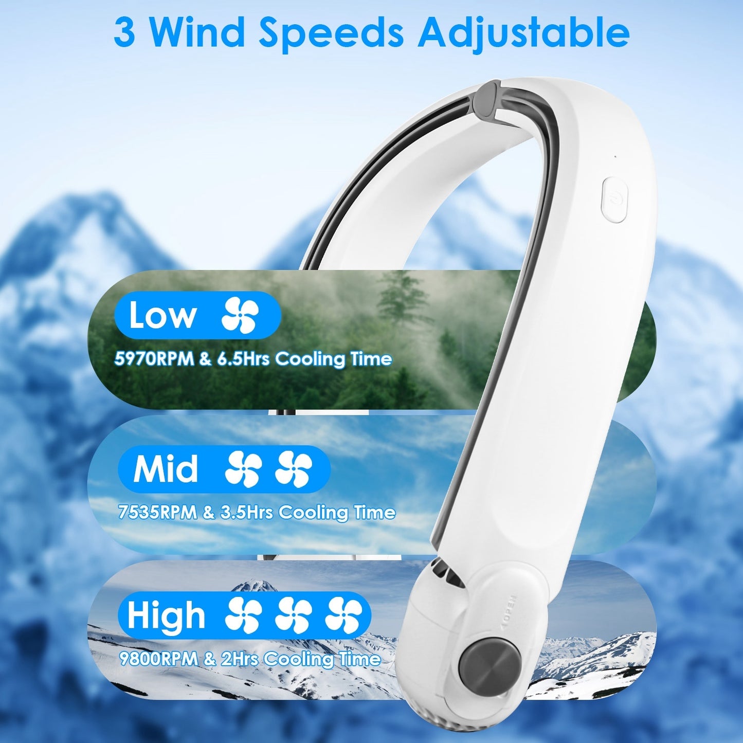 US Local White-Green Options -- 1Pc Portable Neck Hanging Fan Hands-free Cooling Personal Fan With 3 Speeds 360 Degree Air Flow Adjustable Neck Width For Home Office Travel Dormitory