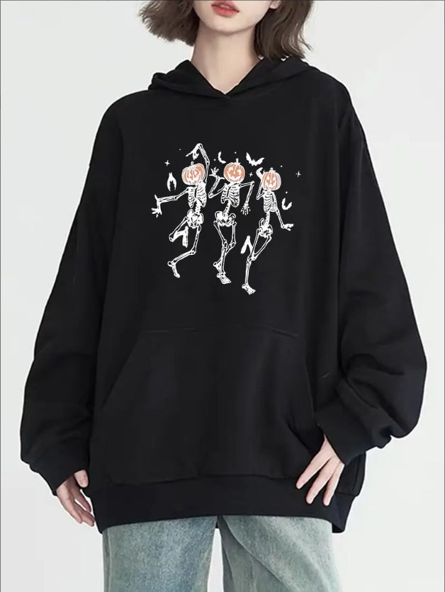 Women's Halloween Dancing Skeleton Graphic Print Hoodie - Casual Pullover With Long Sleeves, Hooded Neck, And Pocket Detail - Versatile Fashion For All Seasons
