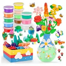 US Local Air Dry Clay Vase Bouquet Craft Kit, 10 Pieces Modeling Clay Flower Art And Craft DIY Set For Boys And Girls, Improve Fine Motor Skills And Hand-Eye Coordination, Great Gift Idea For Boys And Girls